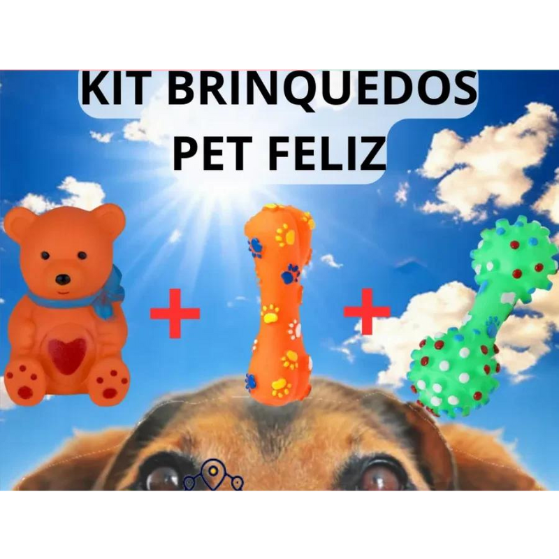 Kit 3 Brinquedos Pet Feliz Mordedor Limpeza de Dentes Ossinhos